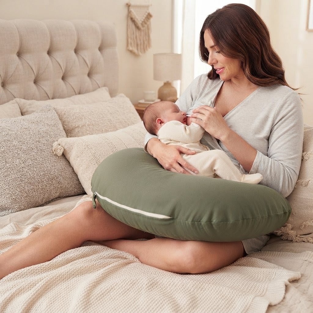 Almohadon de Amamantar y Prenatal- Tusor Verde Malva