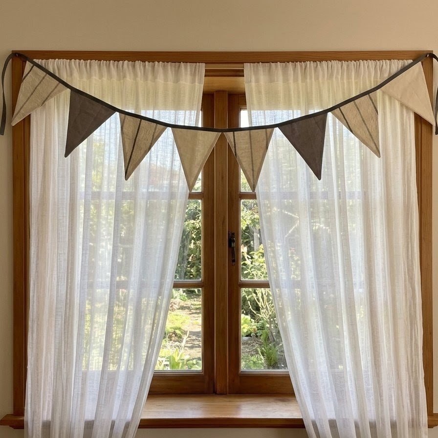 Banderín Tusor Gris- Rayas- Crudo- 10 triángulos